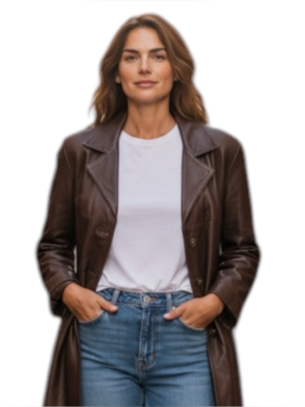 Simons Brown Genuine Leather Jacket Women Size S/M Classic Button Front Coat